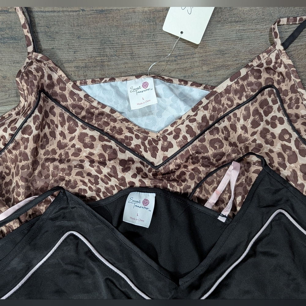 New Black And Leopard Print Satin Tank Tops Size Large - Picture 2 of 2